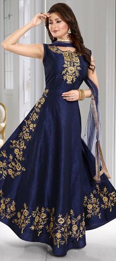 Festive, Wedding Blue color Salwar Kameez in Art Silk fabric with A Line Embroidered, Thread work : 1628710