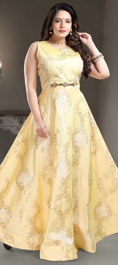 Festive, Wedding Yellow color Gown in Brocade fabric with Patch work : 1628730