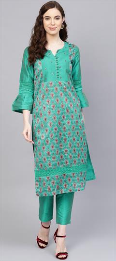 Casual Green color Tunic with Bottom in Blended fabric with Printed work : 1628857