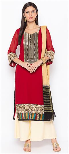 Festive, Party Wear Red and Maroon color Salwar Kameez in Georgette fabric with Straight Embroidered, Thread work : 1629013