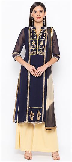 Festive, Party Wear Blue color Salwar Kameez in Georgette fabric with Straight Mirror, Patch, Sequence work : 1629017