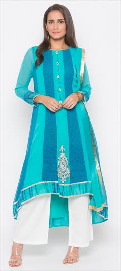 Festive, Party Wear Blue color Salwar Kameez in Georgette fabric with Asymmetrical Embroidered, Resham, Thread work : 1629019