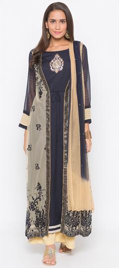 Festive, Party Wear Beige and Brown, Blue color Salwar Kameez in Net fabric with Palazzo Embroidered, Resham, Thread work : 1629022
