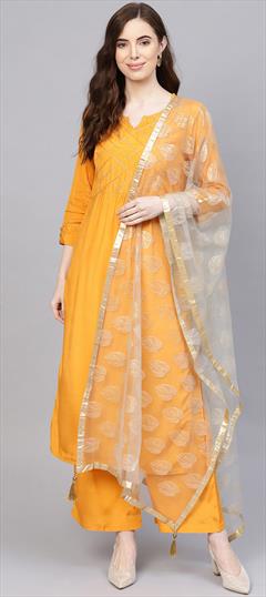 Casual Yellow color Salwar Kameez in Blended fabric with Straight Embroidered, Thread work : 1629054
