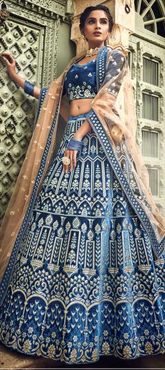 Bridal, Wedding Blue color Lehenga in Velvet fabric with A Line Gota Patti, Thread, Zari work : 1629293