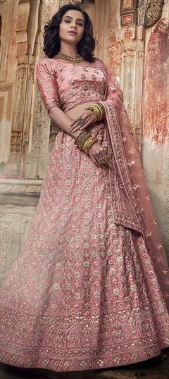 Bridal, Wedding Pink and Majenta color Lehenga in Satin Silk fabric with A Line Gota Patti, Thread, Zari, Zircon work : 1629298