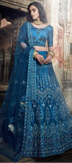 Bridal, Wedding Blue color Lehenga in Art Silk fabric with A Line Sequence, Thread, Zari, Zircon work : 1629315