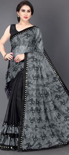 Casual, Party Wear Black and Grey color Saree in Lycra fabric with Classic, Ruffle Printed work : 1629372