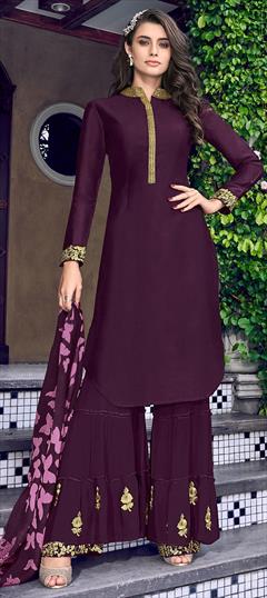 Engagement, Festive, Reception Purple and Violet color Salwar Kameez in Art Silk fabric with Palazzo Embroidered, Thread work : 1629919