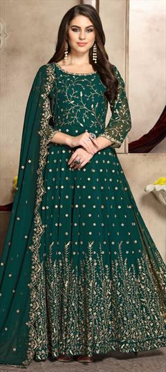 Festive, Party Wear Green color Salwar Kameez in Georgette fabric with Anarkali Embroidered, Thread, Zari work : 1629940