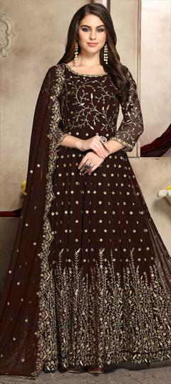 Festive, Party Wear Beige and Brown color Salwar Kameez in Georgette fabric with Anarkali Embroidered, Thread, Zari work : 1629944