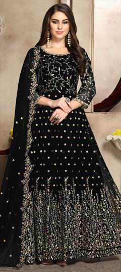 Festive, Party Wear Black and Grey color Salwar Kameez in Georgette fabric with Anarkali Embroidered, Thread, Zari work : 1629945