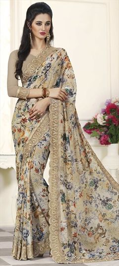 Casual, Party Wear Beige and Brown color Saree in Georgette fabric with Classic Floral, Printed, Thread work : 1630457