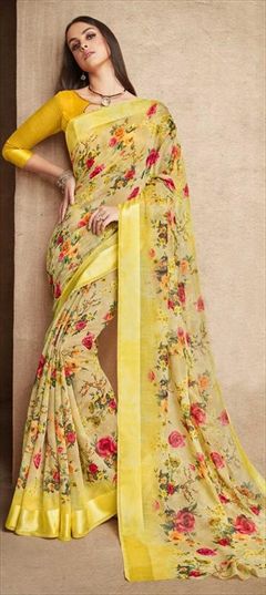 Casual, Traditional Yellow color Saree in Art Silk, Silk fabric with Bengali, South Floral, Printed, Thread work : 1630461