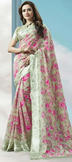 Casual, Traditional Green color Saree in Art Silk, Silk fabric with Bengali, South Floral, Printed, Thread work : 1630470
