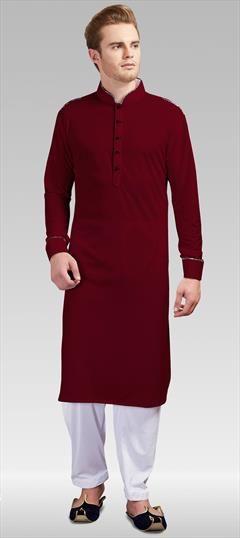 Red and Maroon color Pathani Suit in Lycra fabric with Thread work : 1630517
