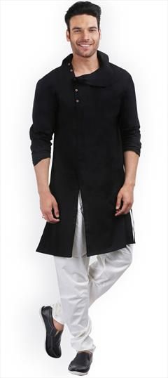 Black and Grey color Kurta Pyjamas in Cotton fabric with Thread work : 1630576