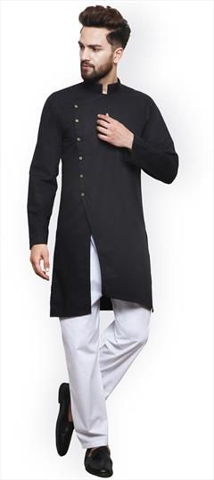 Black and Grey color Kurta Pyjamas in Cotton fabric with Thread work : 1630580