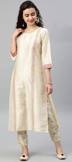 Casual Beige and Brown color Tunic with Bottom in Poly Silk fabric with Printed work : 1630986
