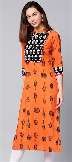 Casual Orange color Kurti in Cotton fabric with Long Sleeve, Straight Printed work : 1631255