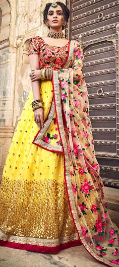 Festive, Reception, Wedding Yellow color Lehenga in Net fabric with A Line Sequence, Thread, Zari work : 1631277