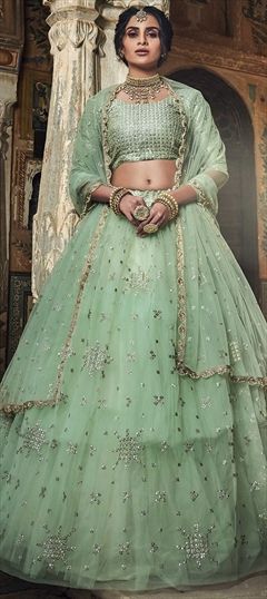 Festive, Reception, Wedding Green color Lehenga in Net fabric with A Line Sequence, Thread, Zari work : 1631283