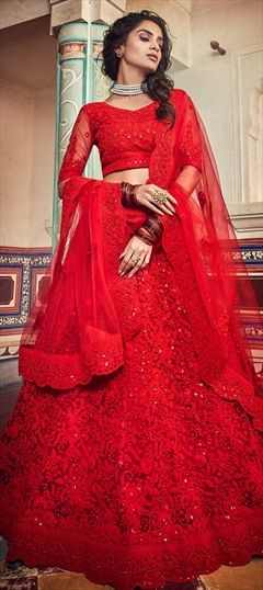 Festive, Reception, Wedding Red and Maroon color Lehenga in Net fabric with A Line Sequence, Thread, Zircon work : 1631285
