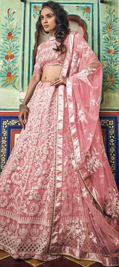 Festive, Reception, Wedding Pink and Majenta color Lehenga in Net fabric with A Line Moti, Thread work : 1631297