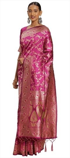 Traditional Pink and Majenta color Saree in Banarasi Silk, Silk fabric with South Weaving work : 1631505