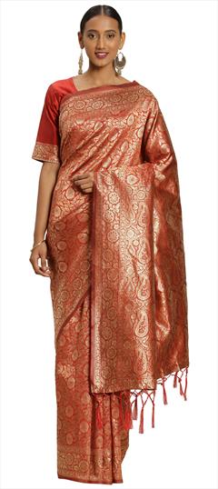 Traditional Red and Maroon color Saree in Banarasi Silk, Silk fabric with South Weaving work : 1631510