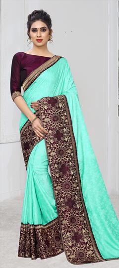 Traditional Blue color Saree in Jacquard fabric with South Embroidered, Stone, Swarovski, Thread, Zari work : 1631693