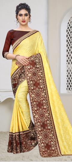 Traditional Yellow color Saree in Jacquard fabric with South Embroidered, Stone, Swarovski, Thread, Zari work : 1631694