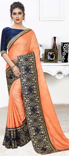 Traditional Orange color Saree in Jacquard fabric with South Embroidered, Stone, Swarovski, Thread, Zari work : 1631695