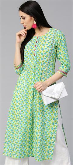 Casual Blue color Kurti in Cotton fabric with Long Sleeve, Straight Printed work : 1631857