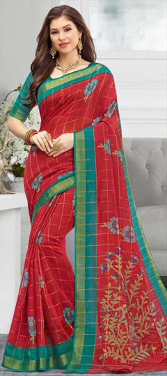 Traditional Red and Maroon color Saree in Cotton fabric with Bengali Printed work : 1632535
