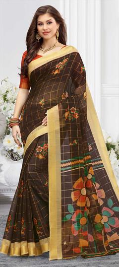 Traditional Beige and Brown color Saree in Cotton fabric with Bengali Floral, Printed work : 1632538