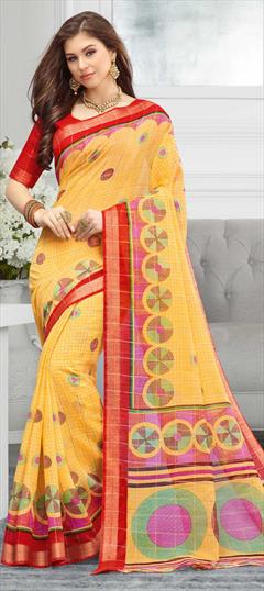 Traditional Yellow color Saree in Cotton fabric with Bengali Printed work : 1632540