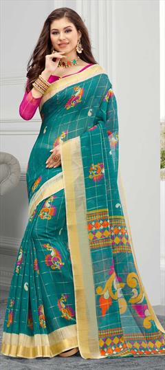 Traditional Blue color Saree in Cotton fabric with Bengali Printed work : 1632544