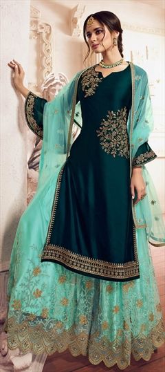 Bollywood Green color Salwar Kameez in Art Silk fabric with Palazzo Embroidered, Resham, Stone, Thread work : 1633096