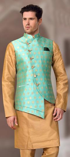 Green color Nehru Jacket in Jacquard fabric with Thread work : 1633560