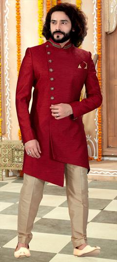 Red and Maroon color IndoWestern Dress in Jacquard fabric with Thread work : 1634187