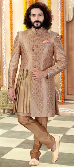 Beige and Brown color IndoWestern Dress in Banarasi Silk fabric with Broches, Sequence work : 1634188