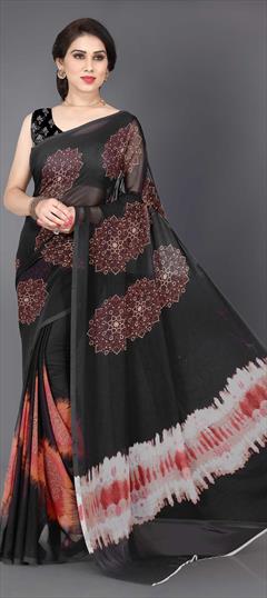 Casual Black and Grey color Saree in Faux Georgette fabric with Classic Printed work : 1634204