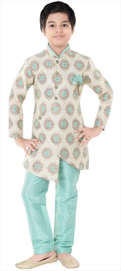 Beige and Brown color Boys Kurta Pyjama in Poly cotton fabric with Printed work : 1635146