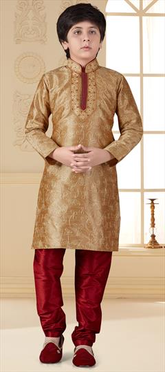 Beige and Brown color Boys Kurta Pyjama in Art Silk fabric with Embroidered, Stone, Thread work : 1636091