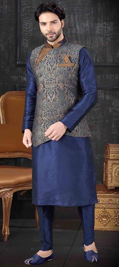 Blue color Kurta Pyjama with Jacket in Art Silk fabric with Weaving work : 1636233