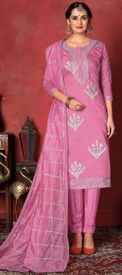 Party Wear Pink and Majenta color Salwar Kameez in Cotton fabric with Straight Embroidered, Thread work : 1636648
