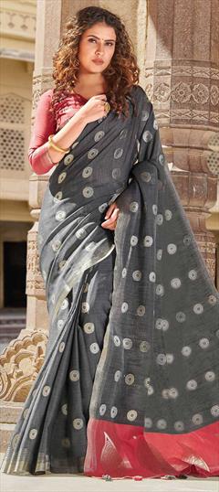 Traditional Black and Grey color Saree in Linen fabric with Bengali Zari work : 1636760