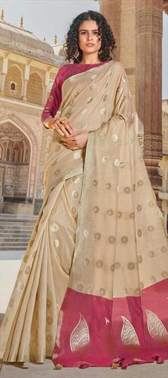 Traditional Beige and Brown color Saree in Linen fabric with Bengali Zari work : 1636762
