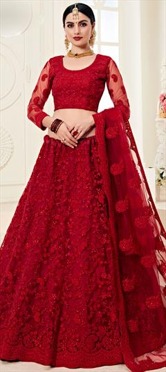 Engagement, Festive, Reception Red and Maroon color Lehenga in Net fabric with A Line Embroidered, Resham, Thread work : 1636829